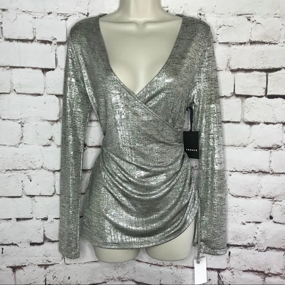Trouve Tops - TROUVE Ruched metallic silver top Size Small NWT